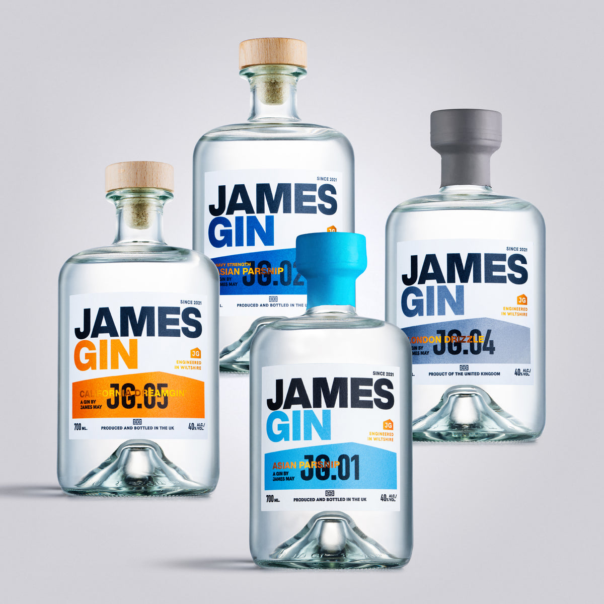 James Gin California Dreamgin, London Drizzle, Asian Parsnip Navy Strength and Asian Parsnip Bottles – Premium Craft Gin by James May, produced and bottled in UK.