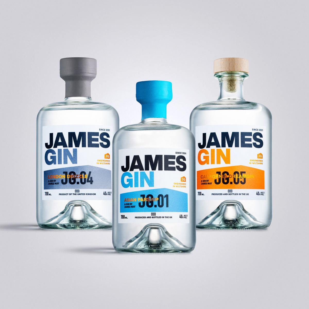 James Gin California Dreamgin, London Drizzle and Asian Parsnip Bottles – Premium Craft Gin by James May, produced and bottled in UK.