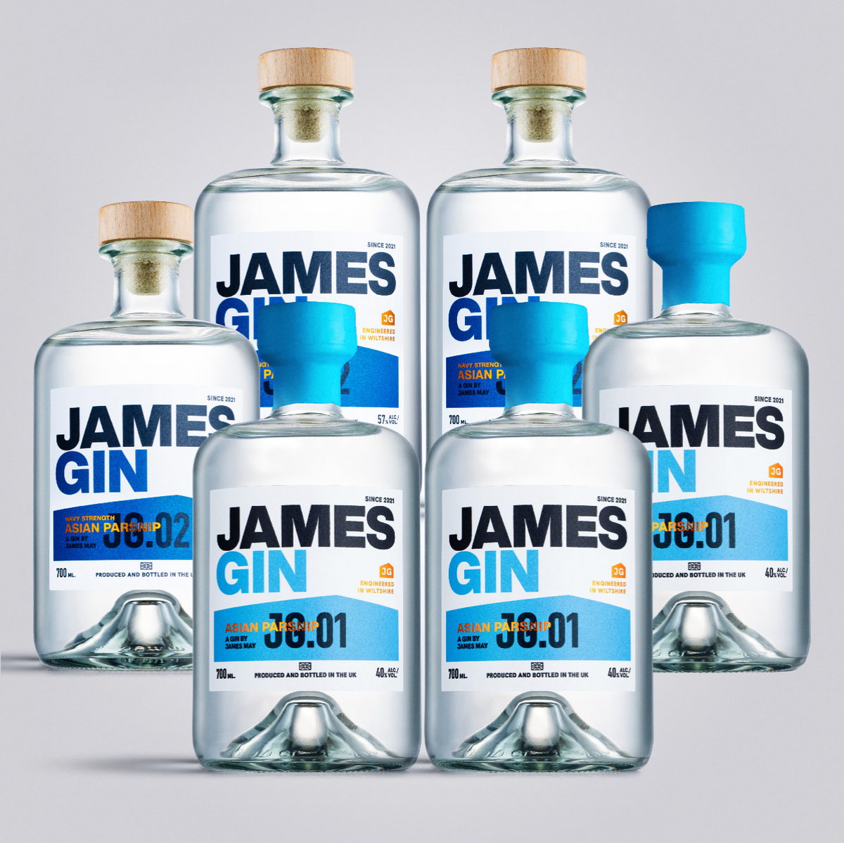 James Gin Asian Parsnip Navy Strength and Asian Parsnip Bottles – Premium Craft Gin by James May, produced and bottled in UK.