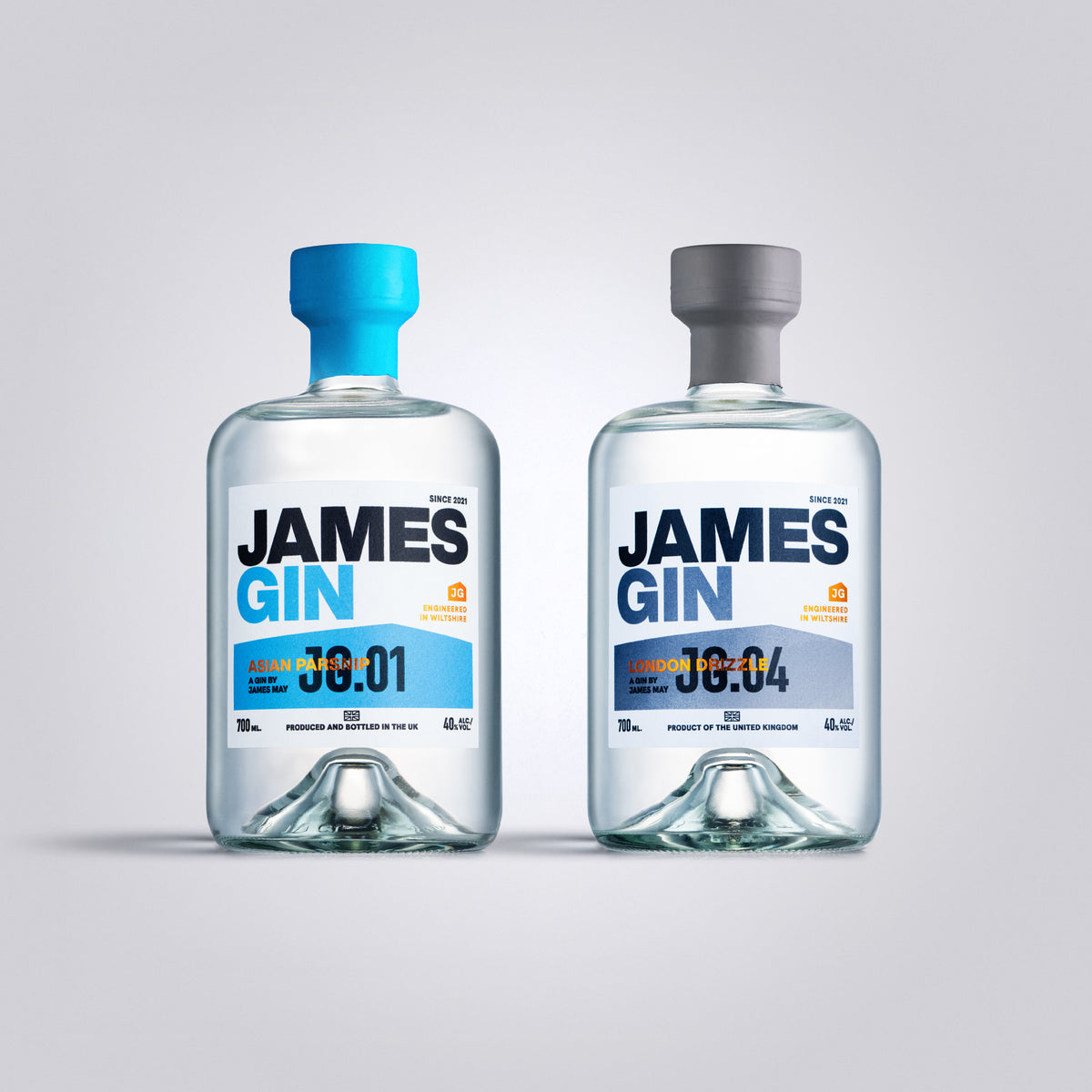 James Gin London Drizzle and Asian Parsnip Bottles – Premium Craft Gin by James May, produced and bottled in UK.