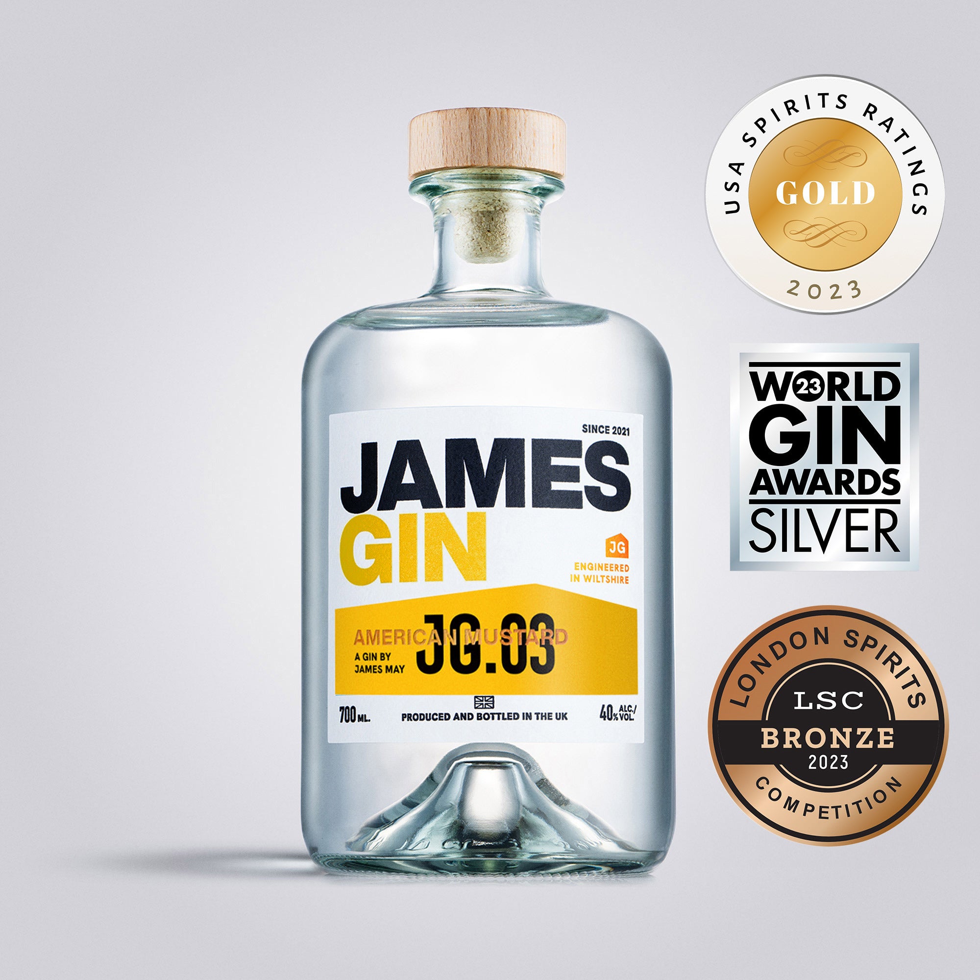 Bottle of James Gin American Mustard with awards | Gin by James May