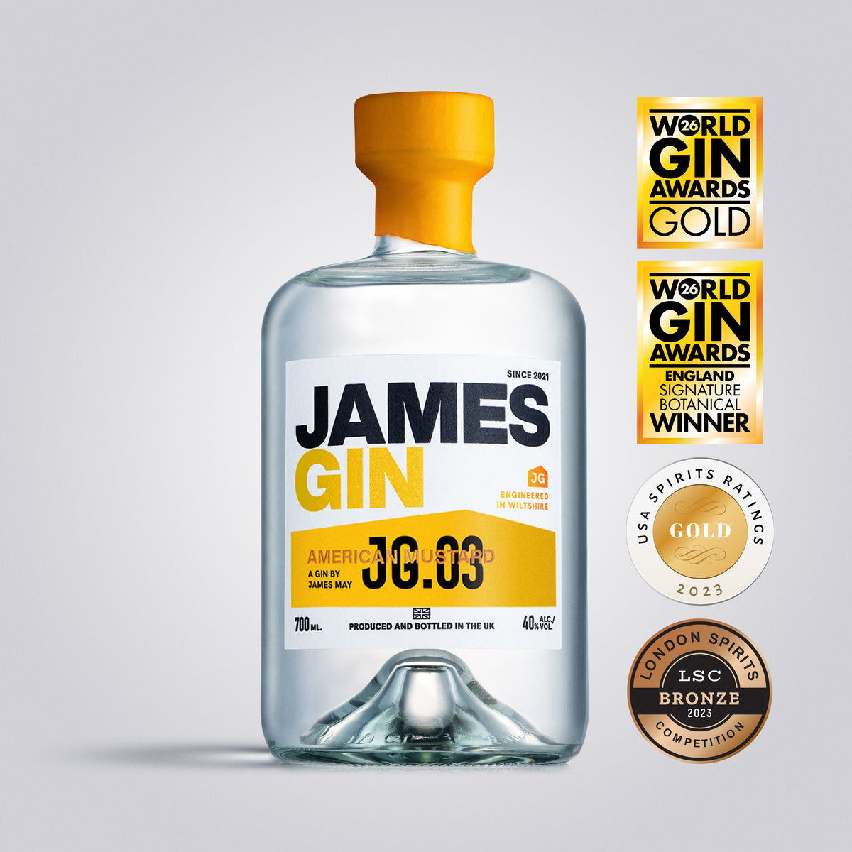 Bottle of American Mustard Gin with Awards | James Gin US | Award Winning Gin by James May