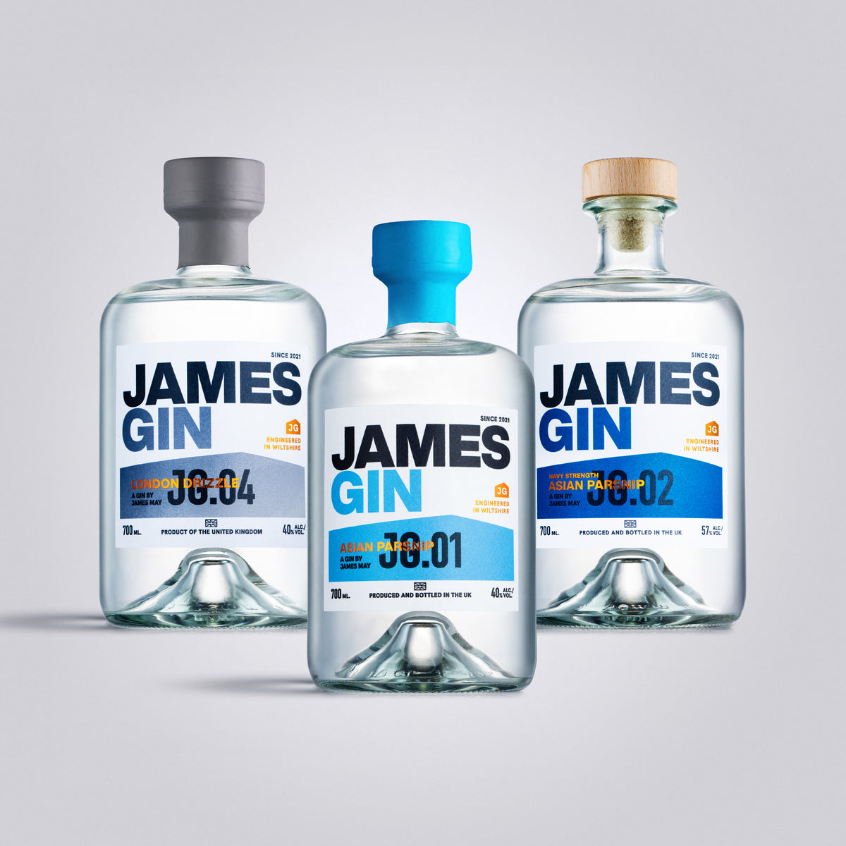 James Gin London Drizzle, Asian Parsnip Navy Strength and Asian Parsnip Bottles – Premium Craft Gin by James May, produced and bottled in UK.